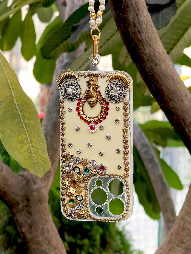 Cream Designer Mobile Cover Ganeshji oxodize patch with Resin Elegance