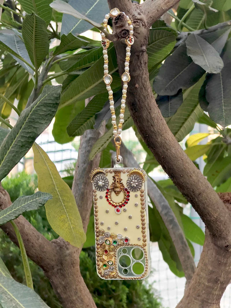 Cream Designer Mobile Cover Ganeshji oxodize patch with Resin Elegance