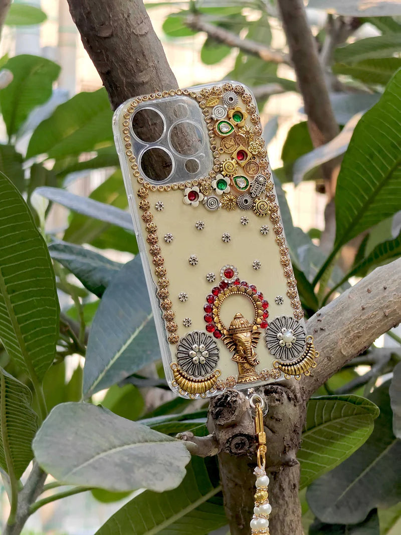 Cream Designer Mobile Cover Ganeshji oxodize patch with Resin Elegance